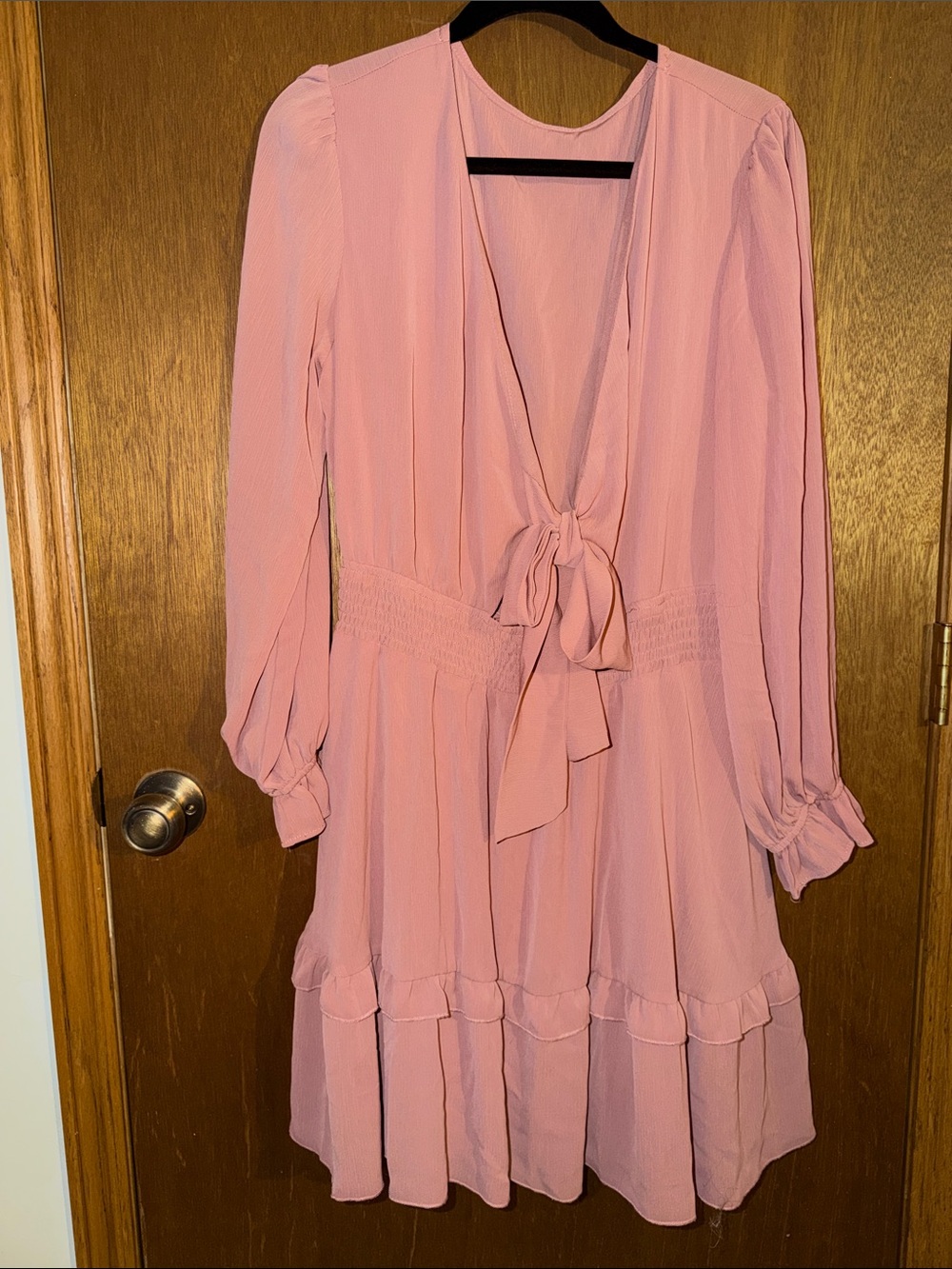 Women's Pink Tie-Front Long Sleeve Dress